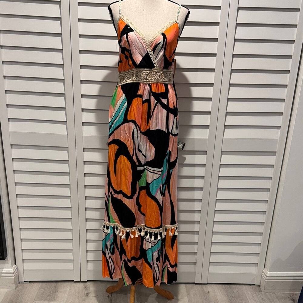 New Collection Multicolor Maxi Dress with Tassel Accents and embroidered waist.